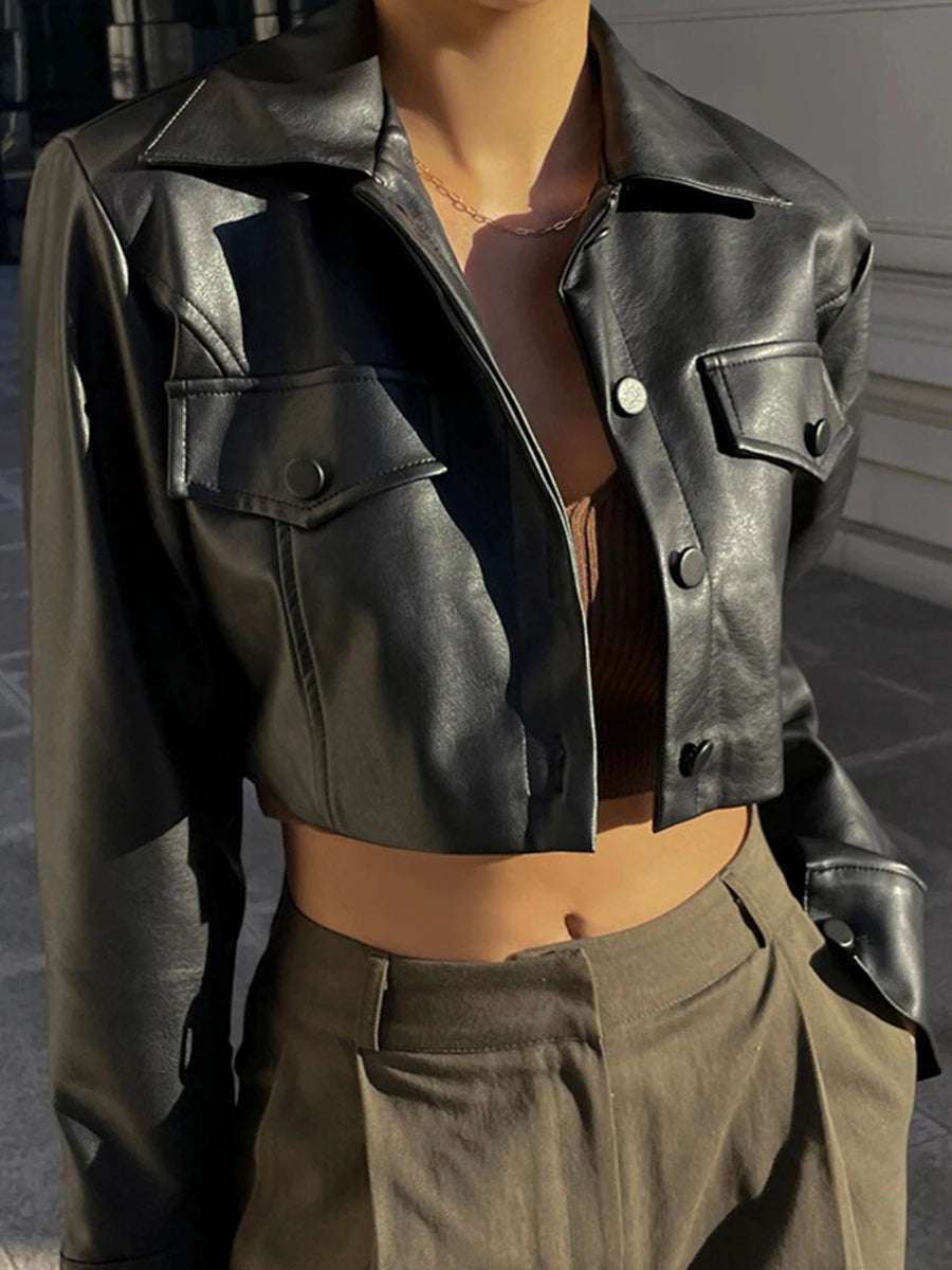 Women's Black Casual Crop Faux Leather Jacket with Long Sleeves and Button Closure