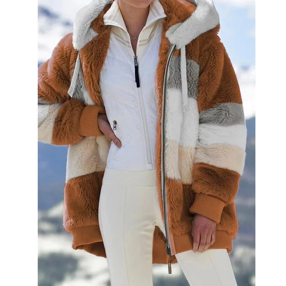 Oversized Hooded Plush Jacket for Women - Winter Outwear