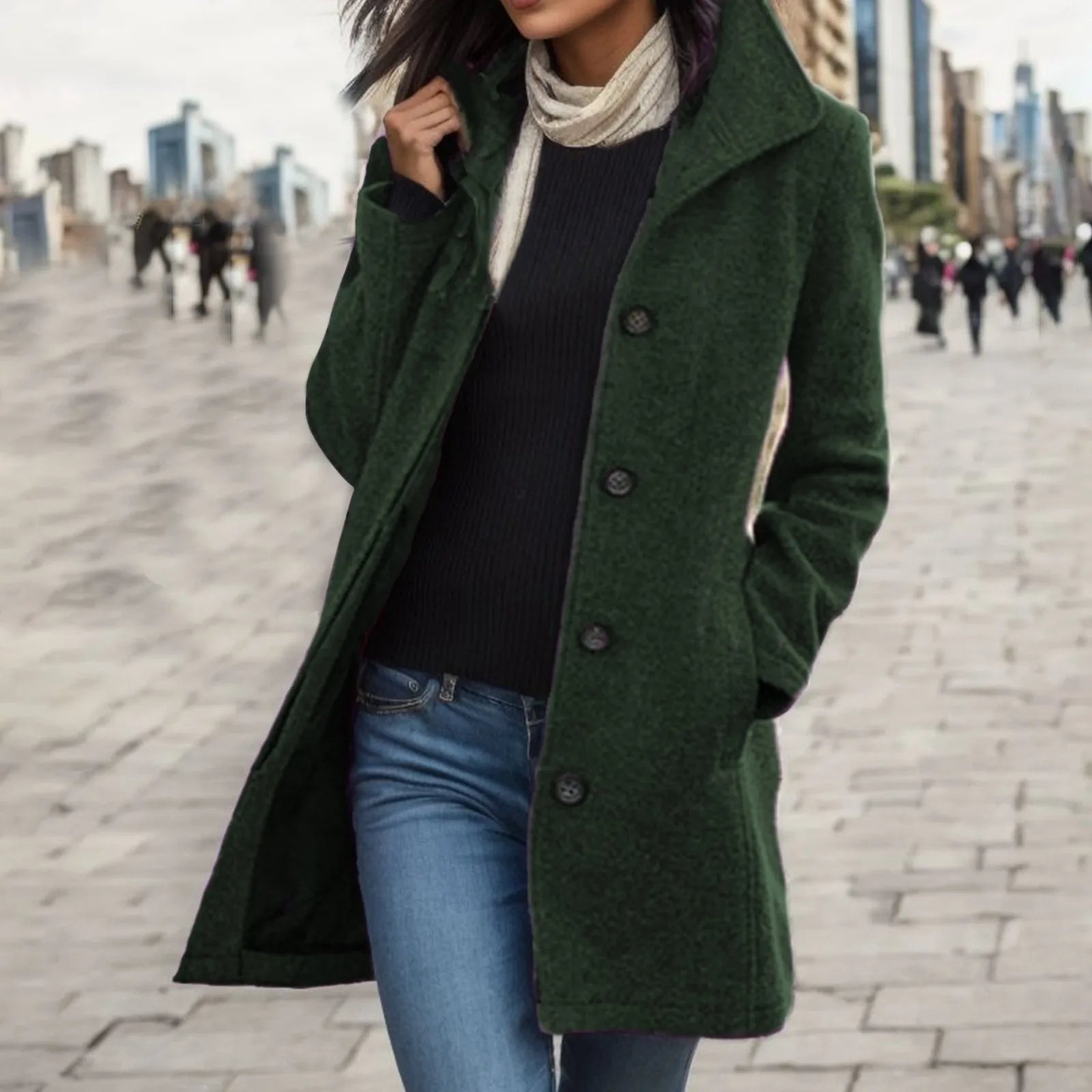 Womens Woollen Lapel Mid Length Coat - Various Colors