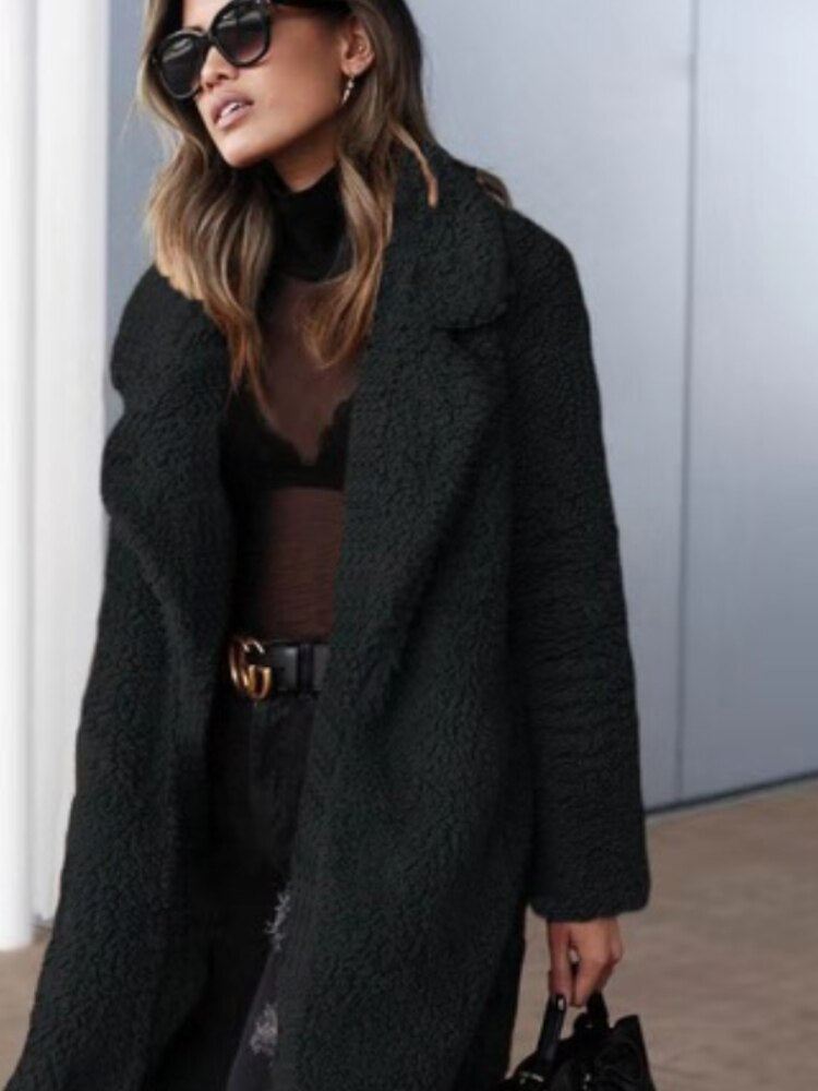Women's Shearling Coat - Wide Lapel - Open Front - Soft Textured Warm Outerwear