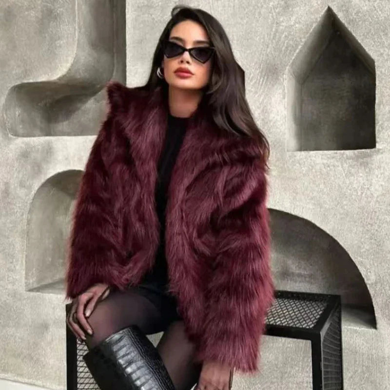 Women’s Plush Faux Fur Crop Jacket - Long Sleeve Stylish Coat