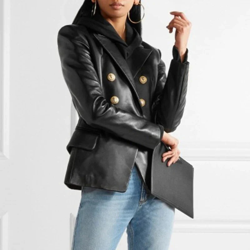 Juliette - Tailored leather blazer with double button placket