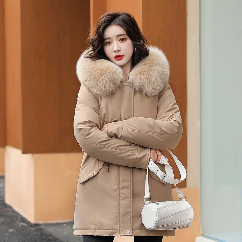 Women's Long Hooded Parka Coat with Wool Lining and Fur Collar - Various Colors