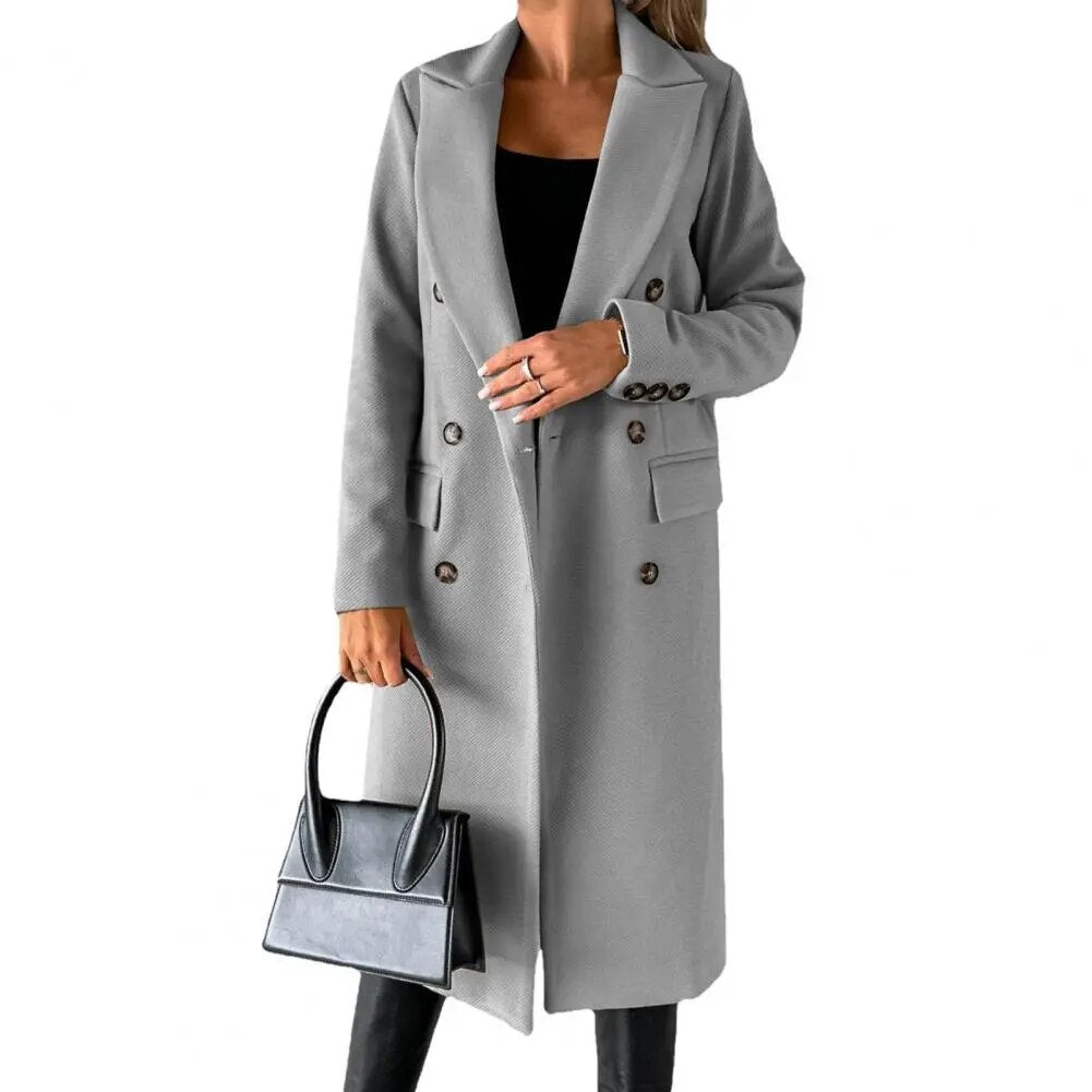 Women's Long Coat - Double Breasted - Tailored Fit - Notched Lapels - Formal Elegant Wear