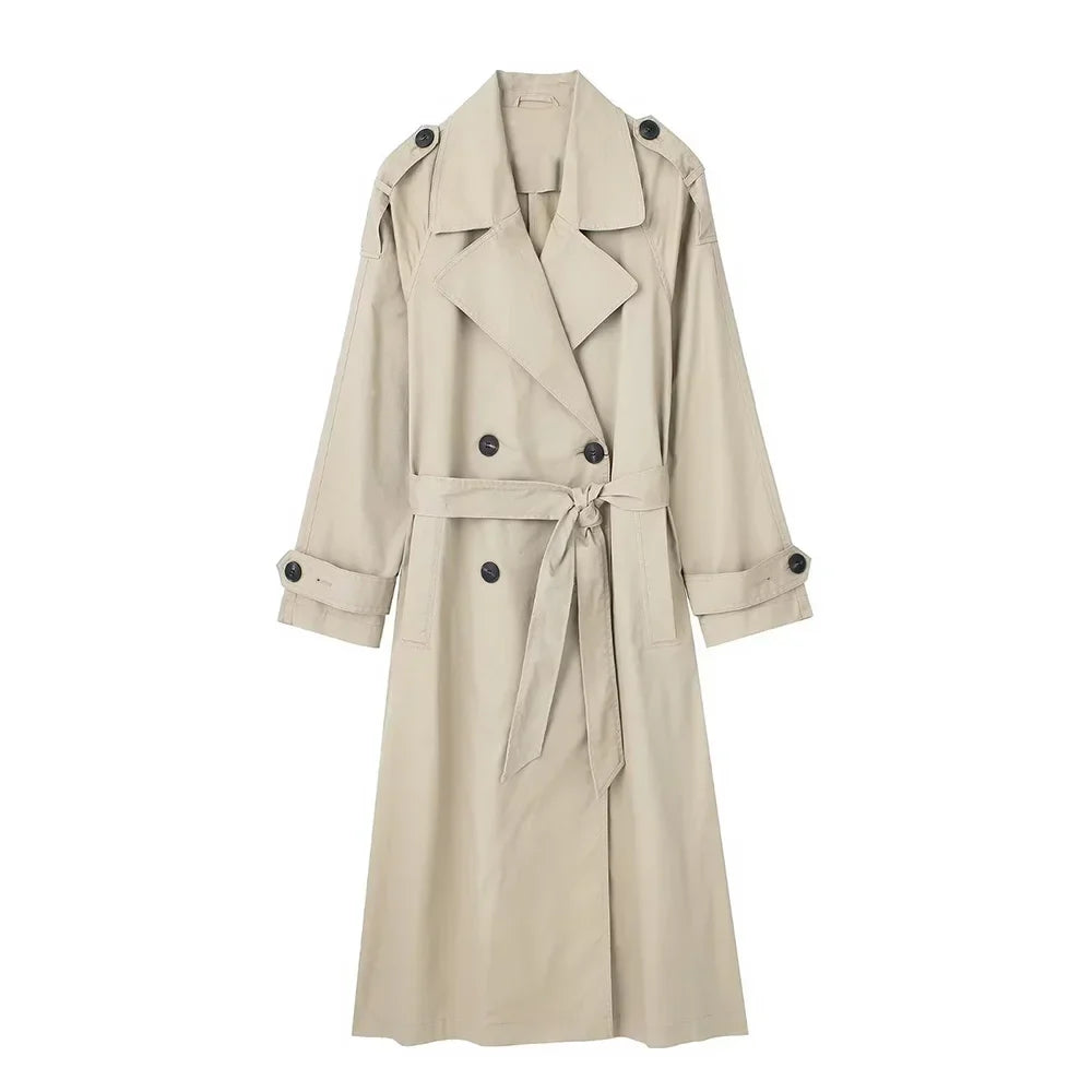 Women's Double-Breasted Trench Coat with Belt and Lapel Collar