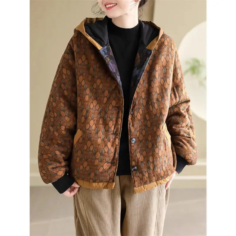 Women's Thick Quilted Cotton Jacket - Loose Fit, Retro Style, Hooded