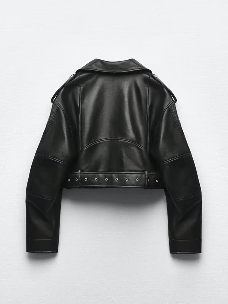 Women's jacket | biker style in vegan leather with belt and zip