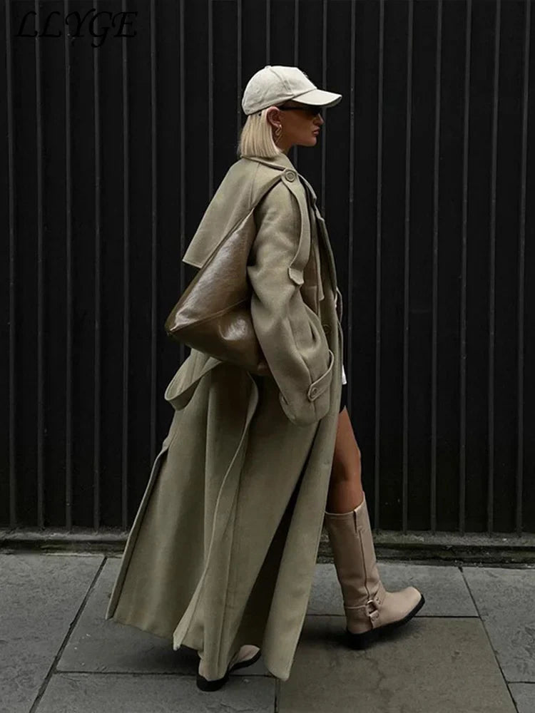 Women's Wool Overcoat with Belt - Elegant Street Style Lapel Design, Full Sleeve Long Coat