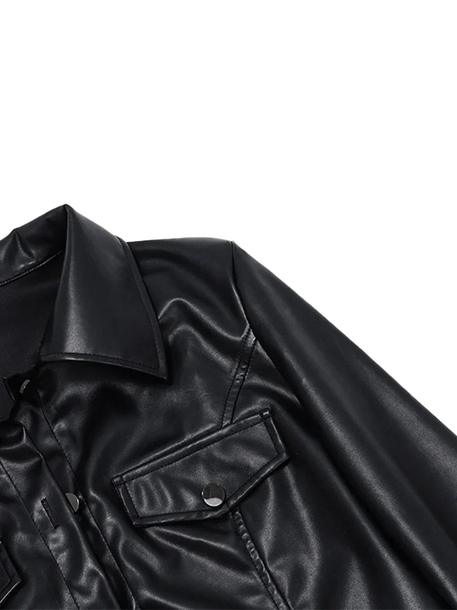 Women's Black Casual Crop Faux Leather Jacket with Long Sleeves and Button Closure