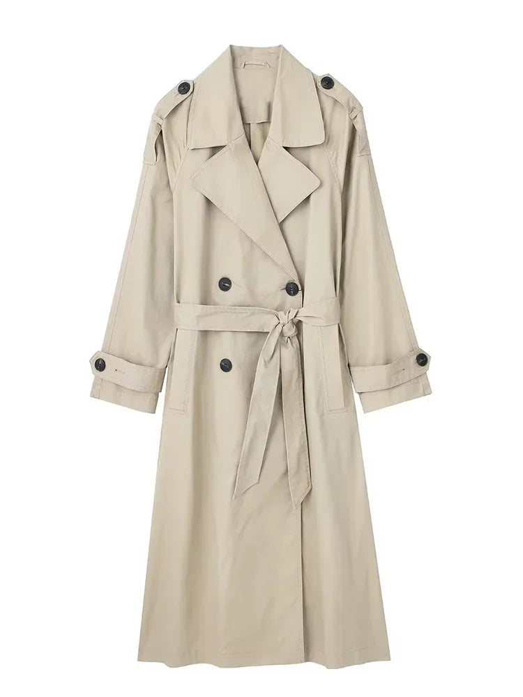 Women's Double-Breasted Trench Coat with Belt and Lapel Collar