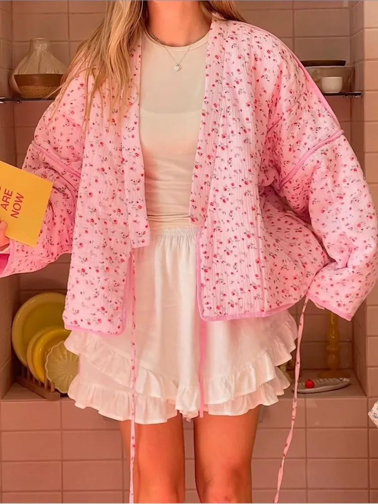 Floral Print Loose-Fit Pink Lace-Up Jacket for Women