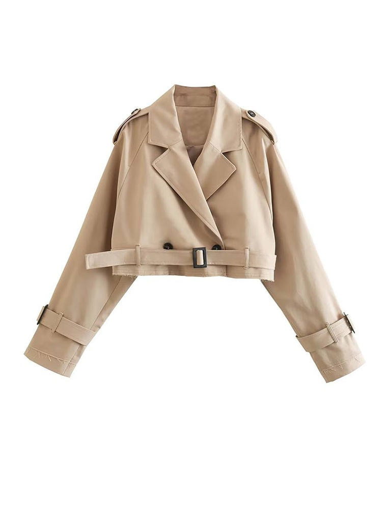 Classic khaki short coat - ladies long sleeve cropped jacket with chic design