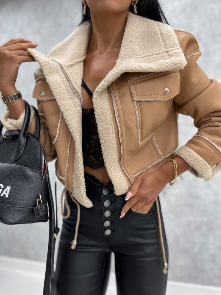 Women's Aviator Jacket - Faux Leather & Shearling - Cropped Fit - Zip Detailing