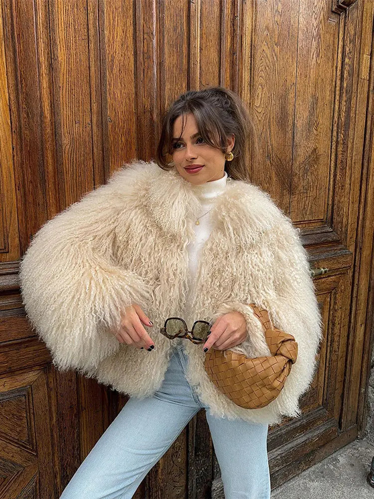 Women's Elegant Long Sleeve Furry Faux Fur Coat with Round Neck