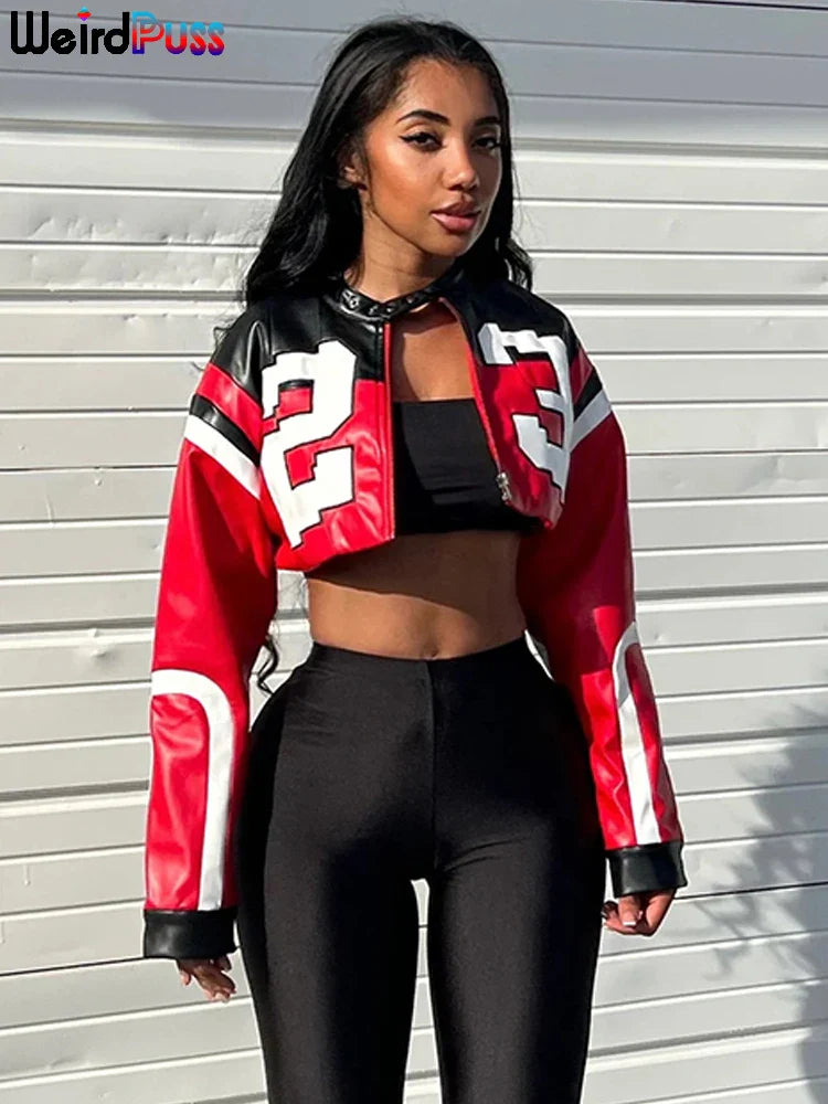 Weird Puss Faux Leather Crop Jacket for Women