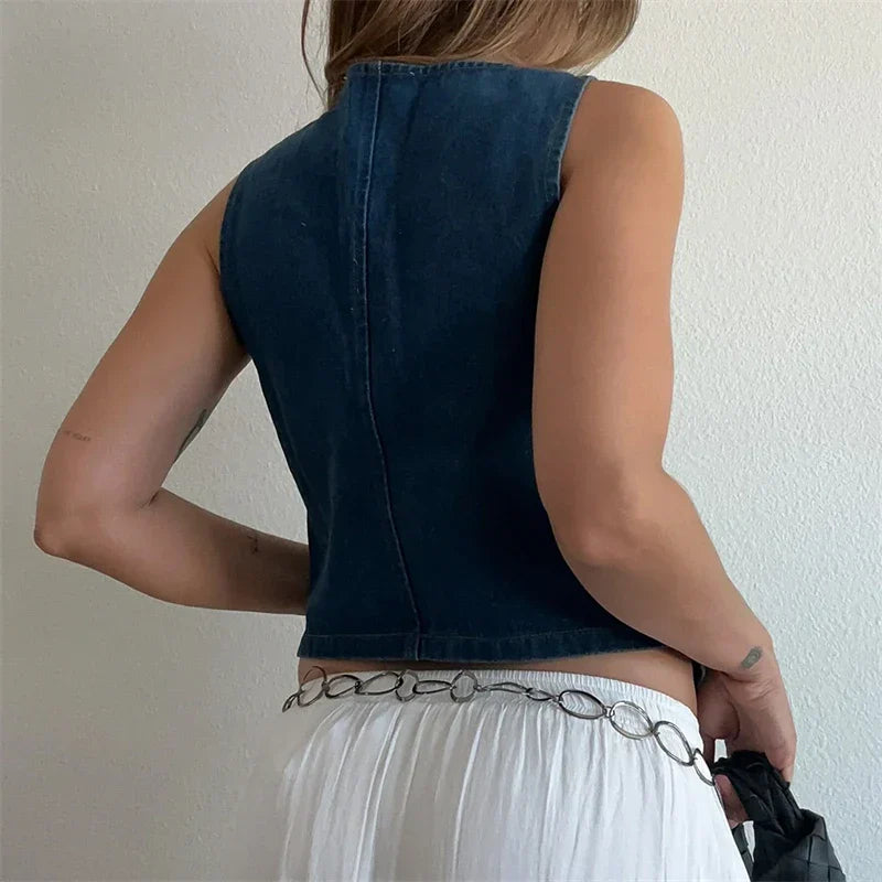 Sleeveless Denim Jacket with V-Neck for Women