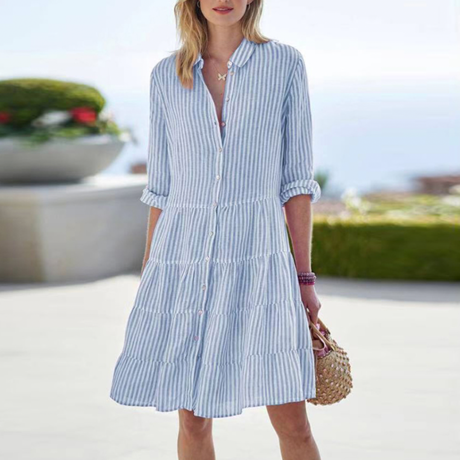 Women's Shirt Dress - Button Down - Knee Length - Relaxed Fit - Long Sleeve Breathable