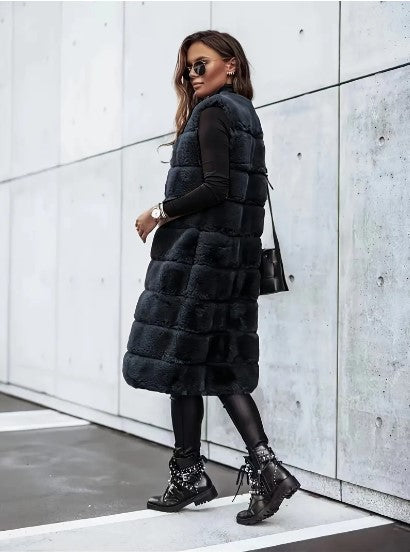 Women's Faux Fur Vest - Long Sleeveless - Open Front Lightweight Layer