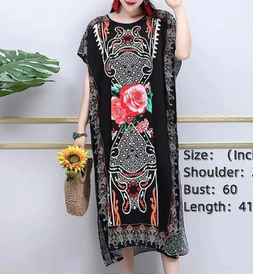 Abigail - o-neck vintage ethnic print long boho dress