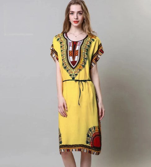 Abigail - o-neck vintage ethnic print long boho dress