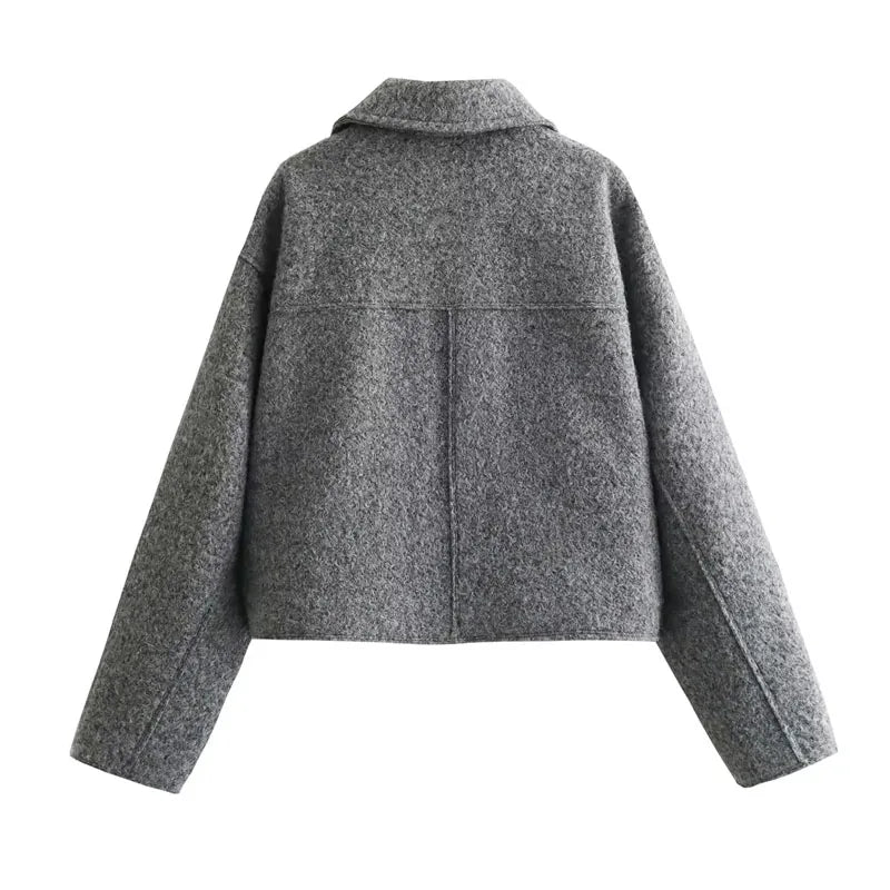 Women's Cropped Tweed Jacket - Boxy Fit - Zip Closure - Long Sleeve - Chest Pockets