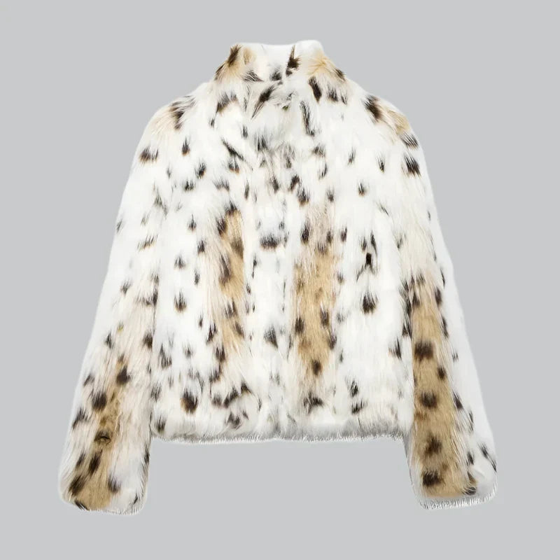 Women's Faux Fur Jacket - Animal Print - High Collar - Cropped Length - Relaxed Fit