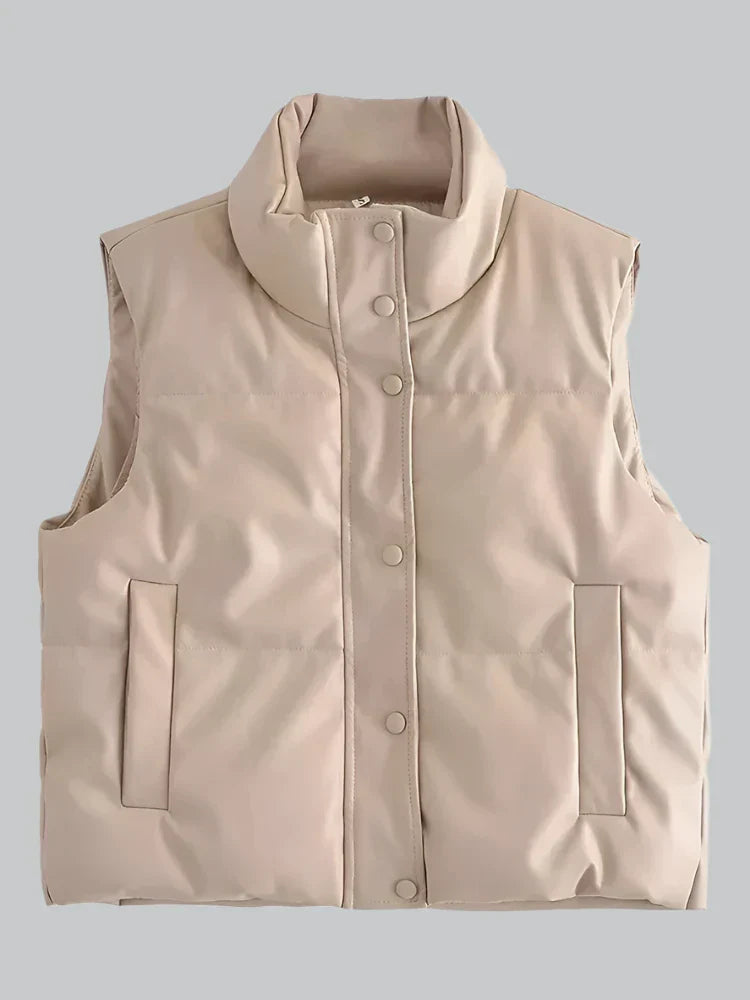 PU leather stand collar vest jacket for women