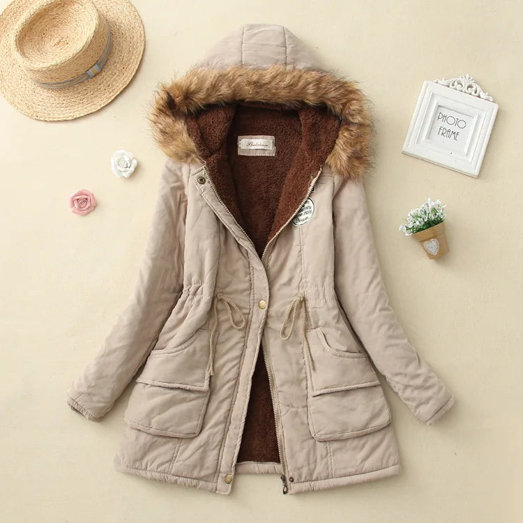 Women's Cotton Padded Hooded Parka Jacket with Embroidery - Various Colors
