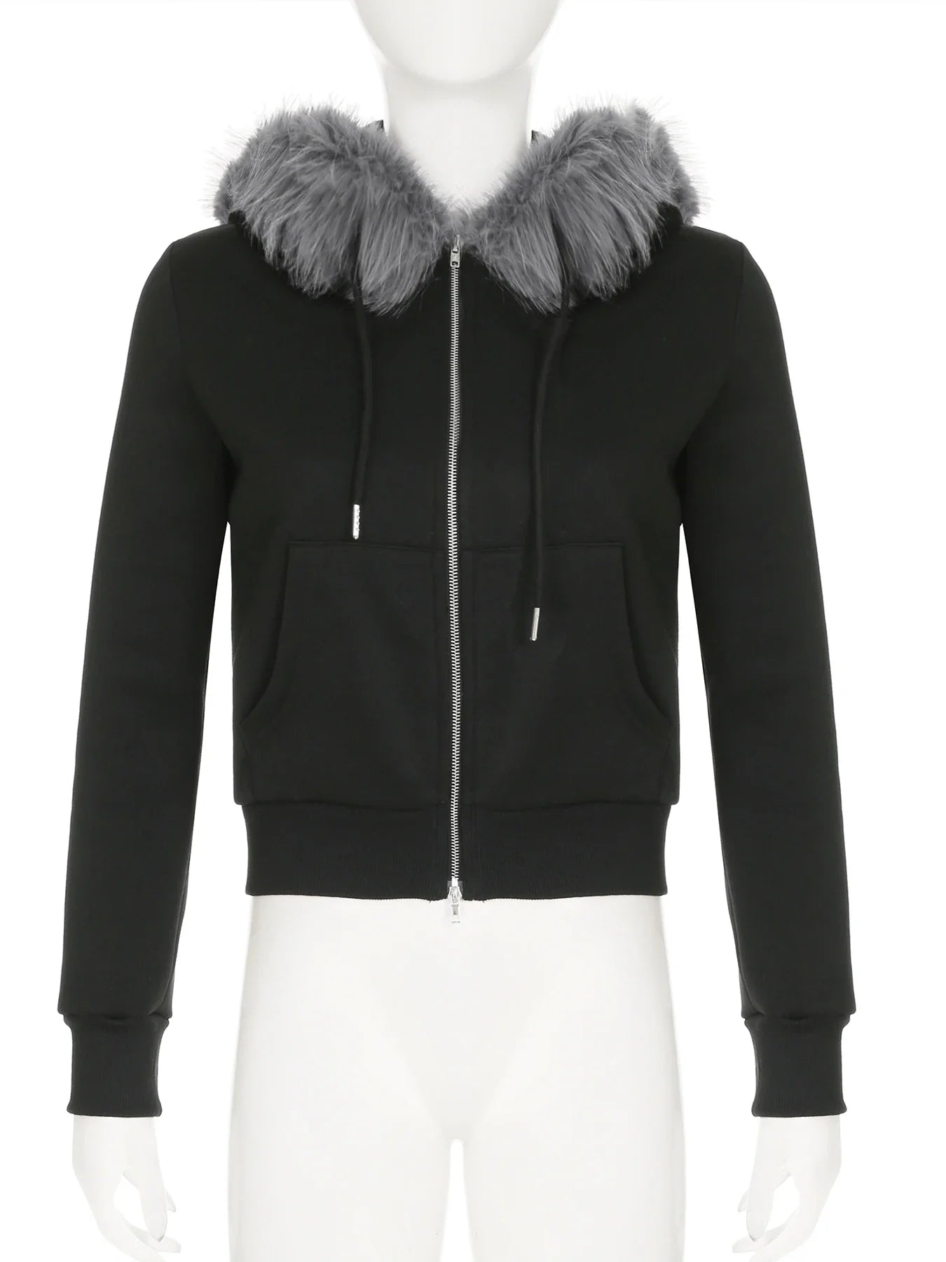 Women's Faux Fur Patchwork Hooded Jacket with Letter Embroidery and Zipper