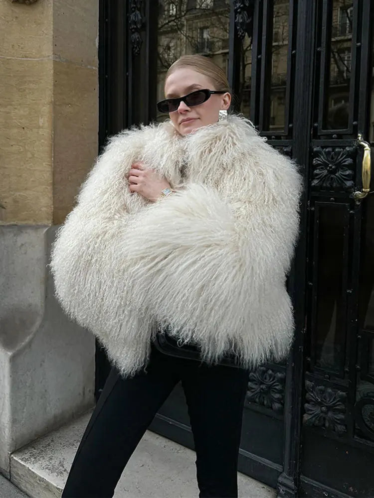 Women's Elegant Long Sleeve Furry Faux Fur Coat with Round Neck