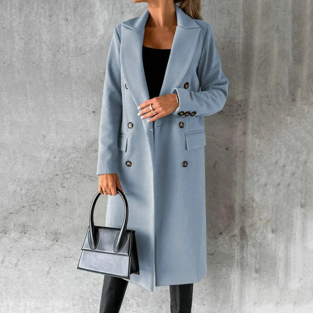 Women's Long Coat - Double Breasted - Tailored Fit - Notched Lapels - Formal Elegant Wear