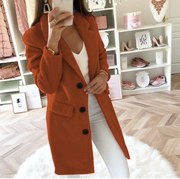 Women's Tailored Coat - Wool Blend - Notch Lapel - Mid Length - Button Closure
