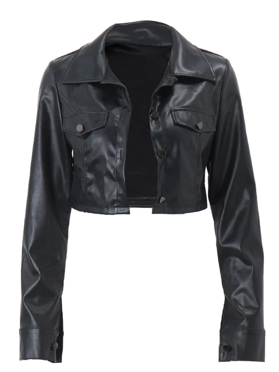 Women's Black Casual Crop Faux Leather Jacket with Long Sleeves and Button Closure