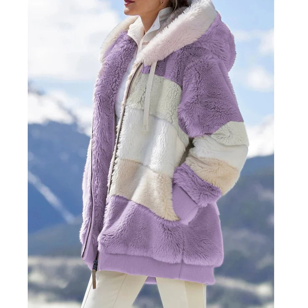 Oversized Hooded Plush Jacket for Women - Winter Outwear