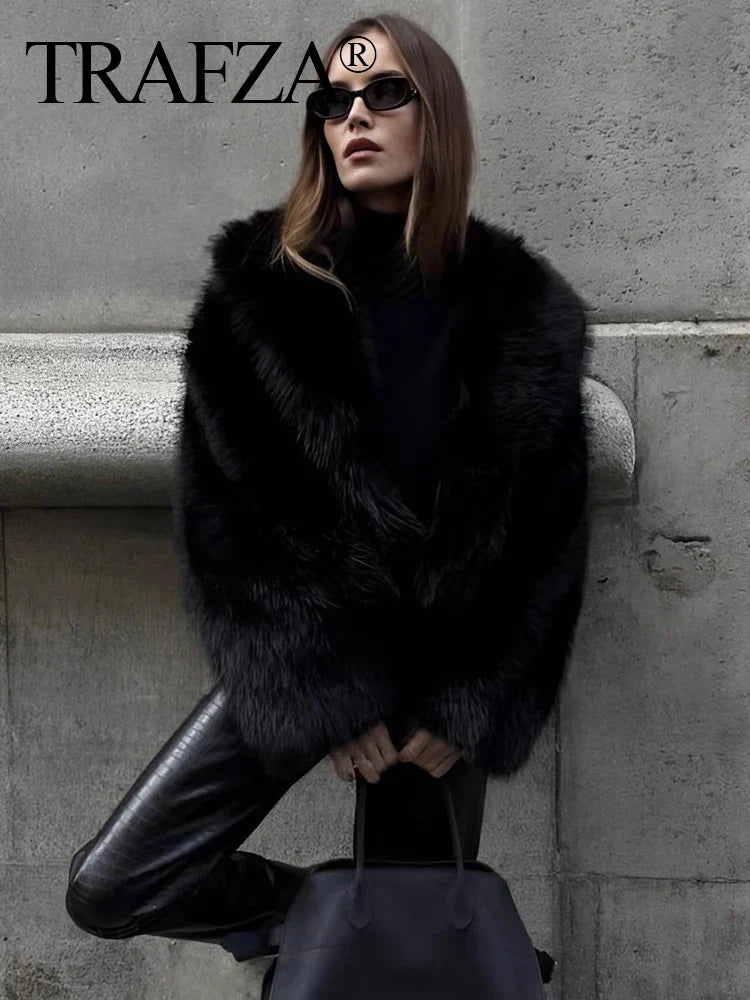 TRAFZA Women's Vintage Style Cropped Faux Fur Jacket - Elegant Loose Long Sleeve Coat - Thick and Warm Outerwear