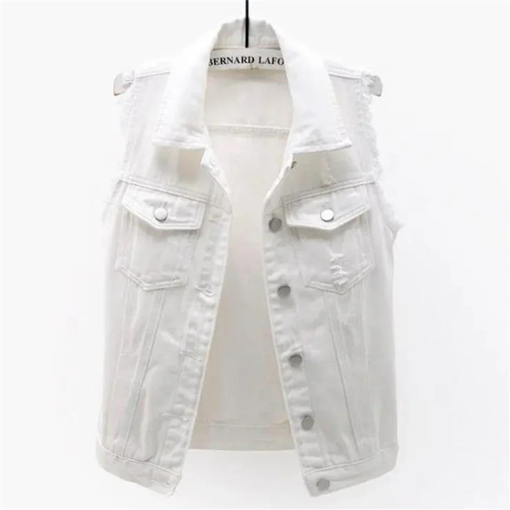 Women's Denim Vest - Sleeveless Frayed Edge - Button-Up - Classic Collar - Casual Fit