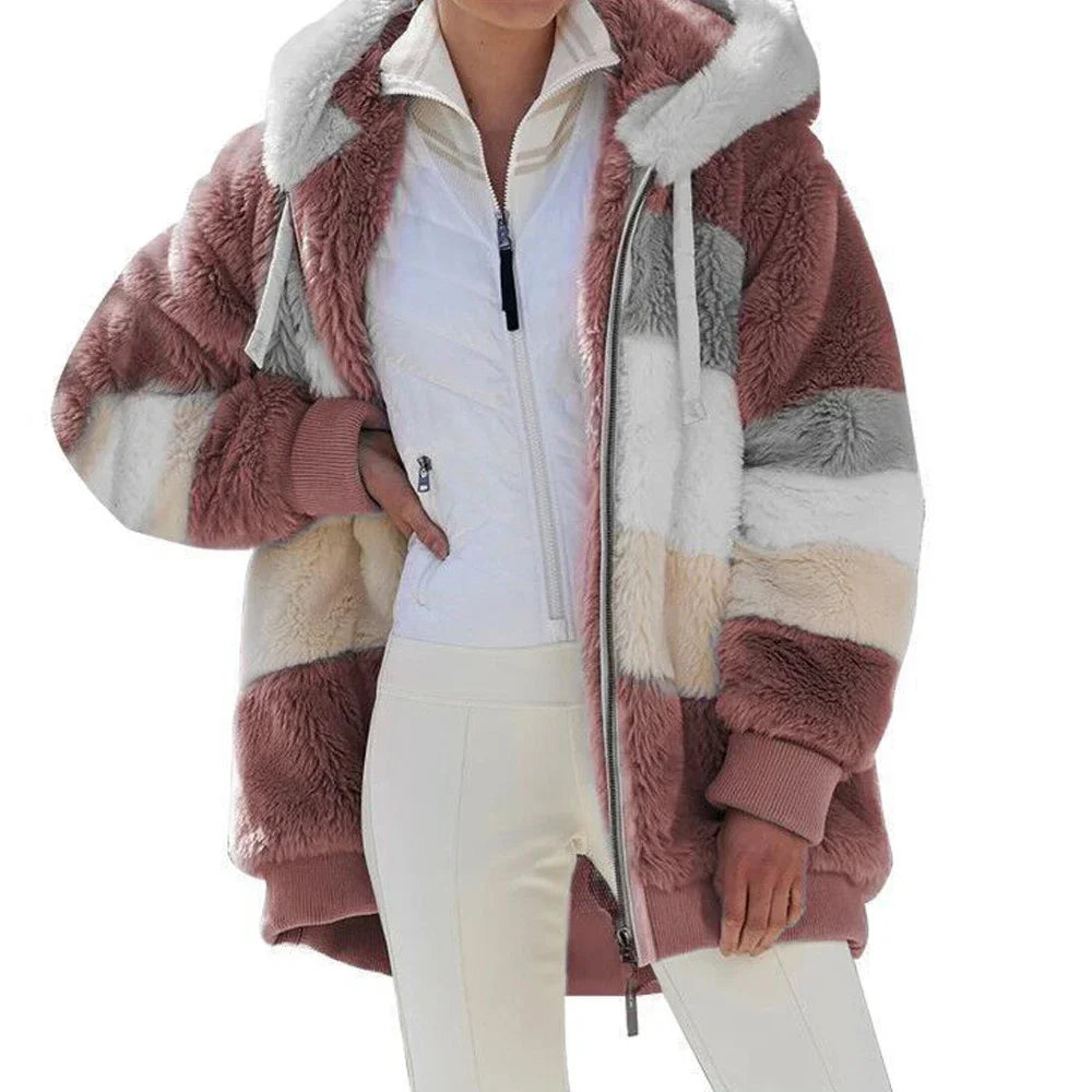 Oversized Hooded Plush Jacket for Women - Winter Outwear