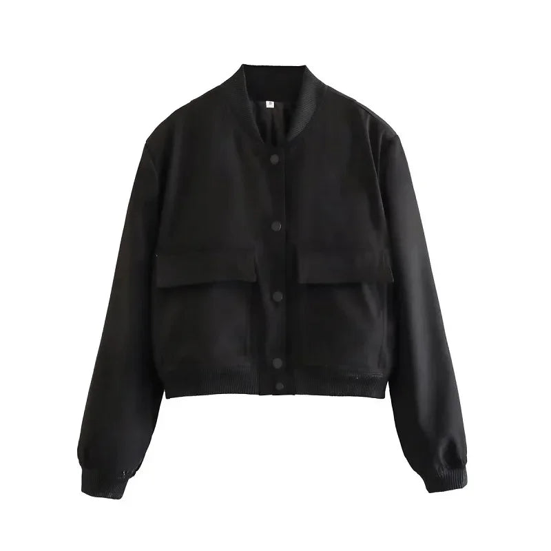 Women's Cropped Bomber Jacket - Button-Up  Outerwear with Long Sleeves