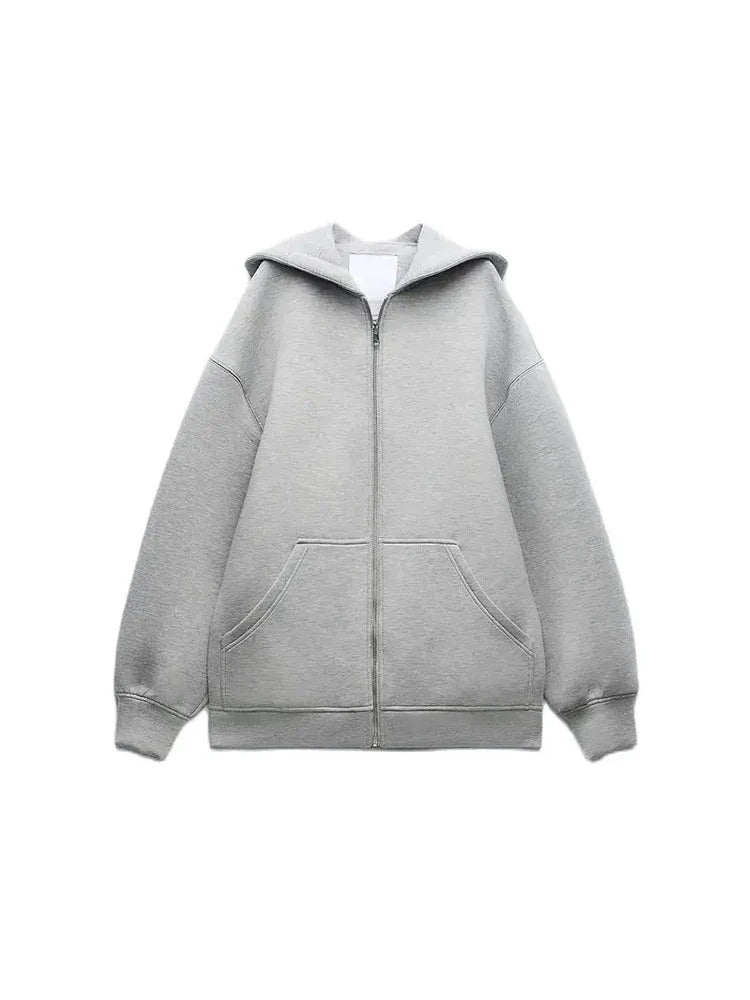 TRAF Women's Gray Long Sleeve Hooded Jacket with Zipper and Pockets