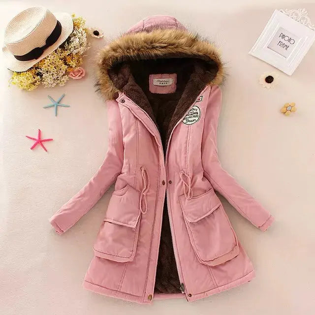 Women's Cotton Padded Hooded Parka Jacket with Embroidery - Various Colors