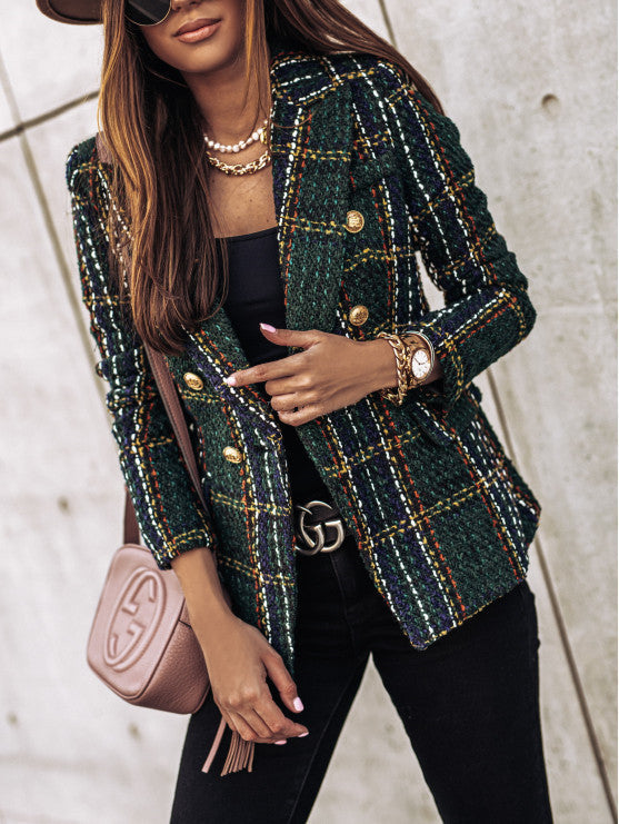 Women's Tweed Blazer - Double-Breasted - Tailored Fit - Textured Check Pattern