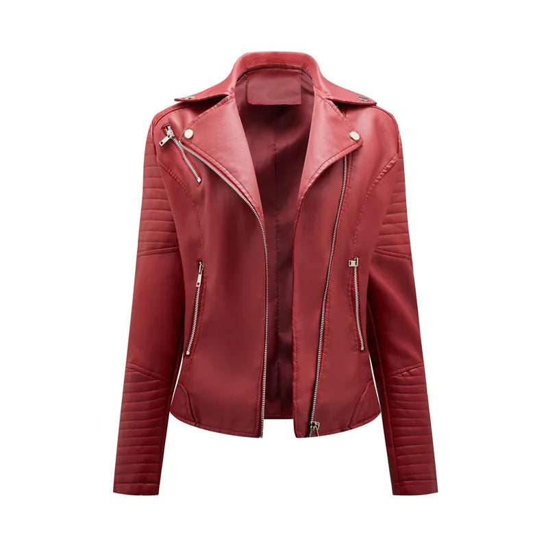 Women's Faux Leather Zipper Jacket with Front Pocket
