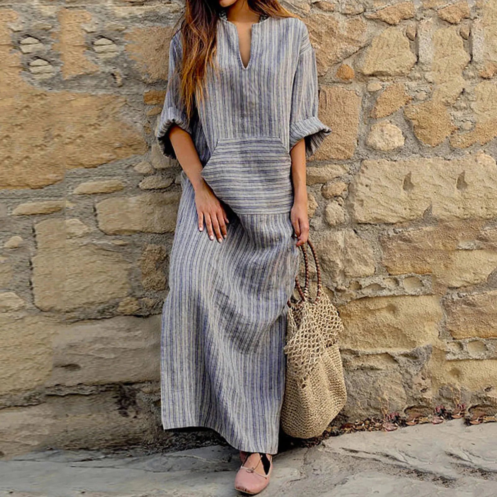 Striped cotton and linen dress