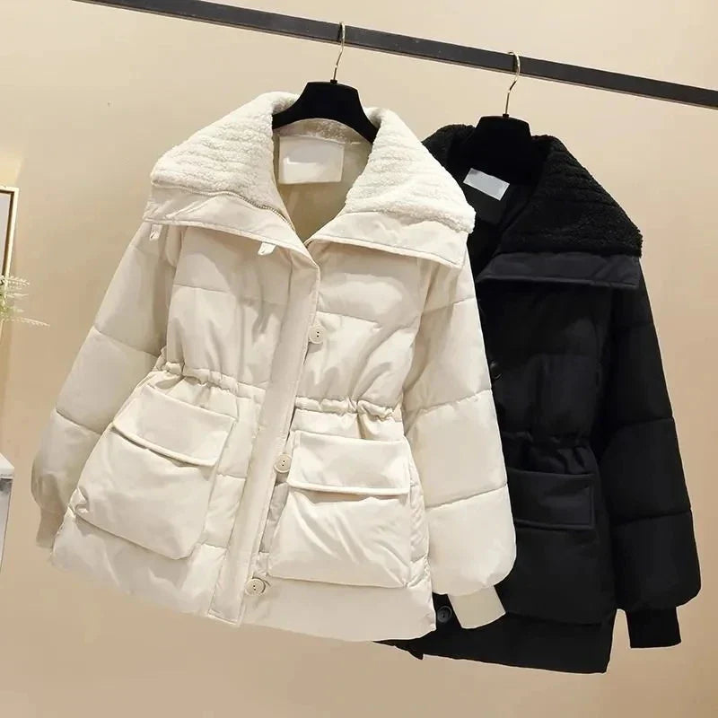 Women's Padded Parka Jacket - High Collar - Quilted Insulation - Button-Up - Adjustable Waist