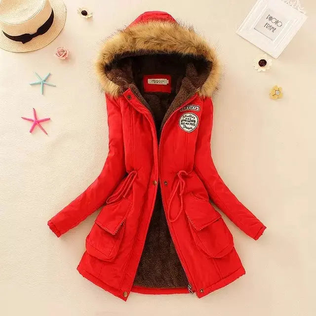 Women's Cotton Padded Hooded Parka Jacket with Embroidery - Various Colors