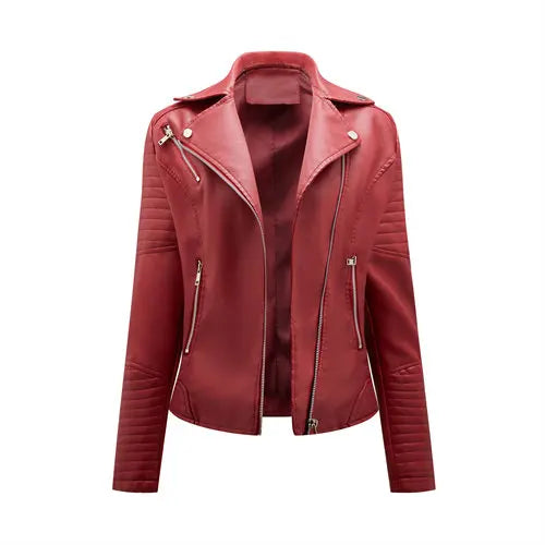 Women's Faux Leather Zipper Jacket with Front Pocket