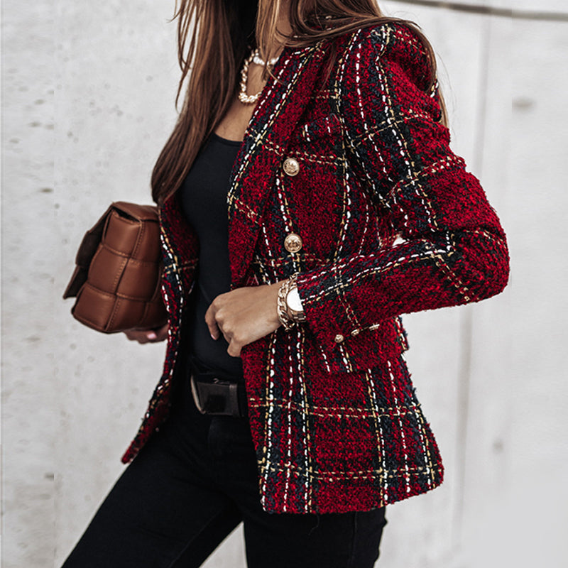 Women's Tweed Blazer - Double-Breasted - Tailored Fit - Textured Check Pattern