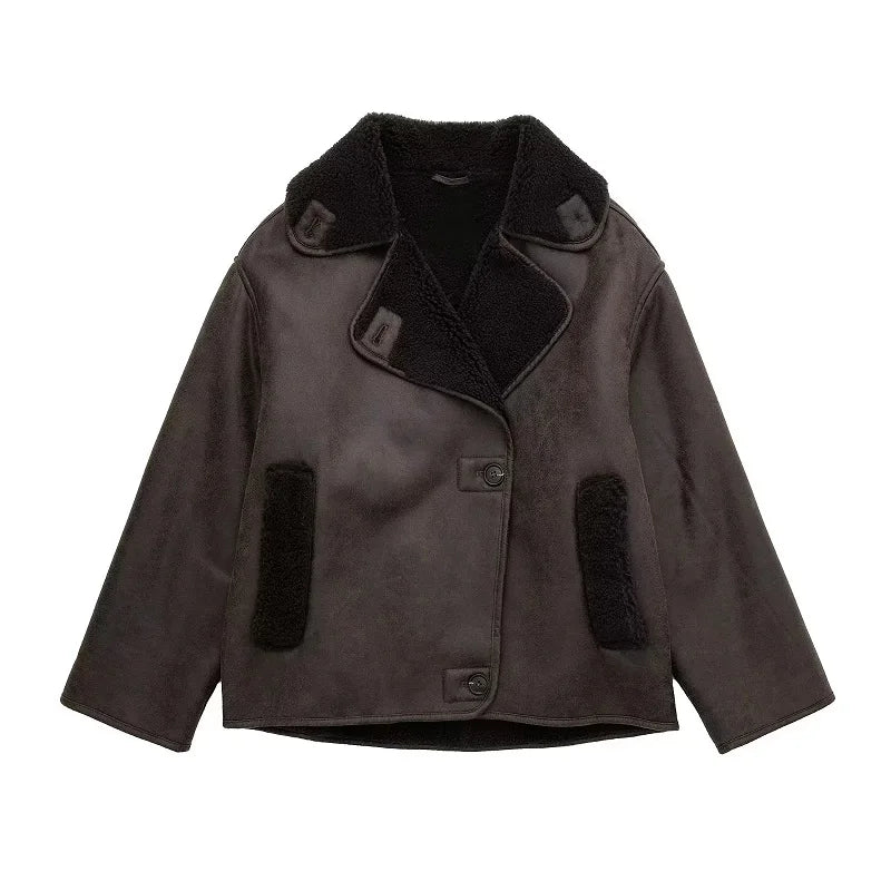 Women's Thick Faux Leather Jacket - Warm Wool Blend