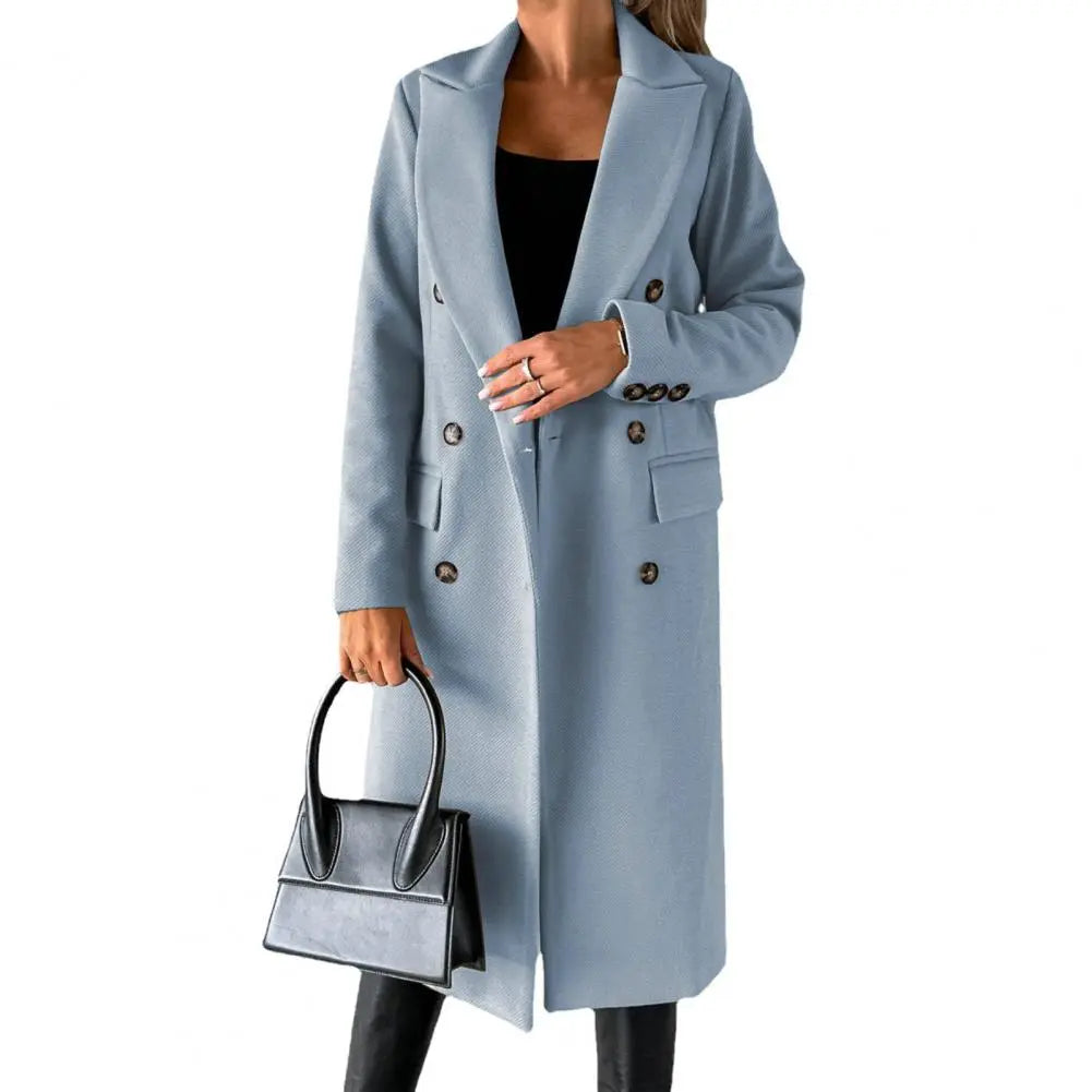 Women's Long Coat - Double Breasted - Tailored Fit - Notched Lapels - Formal Elegant Wear