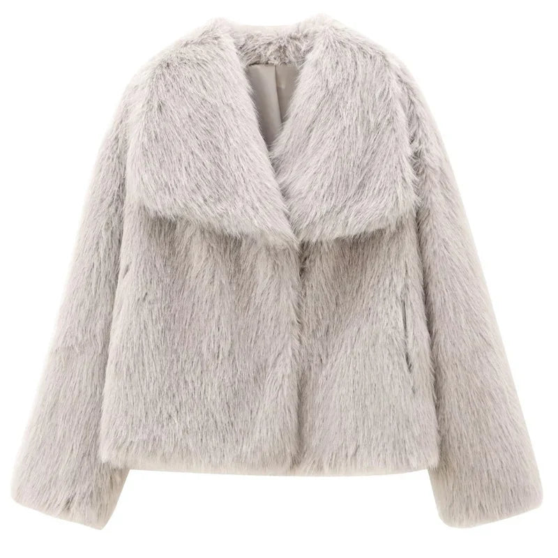 Women’s Plush Faux Fur Crop Jacket - Long Sleeve Stylish Coat